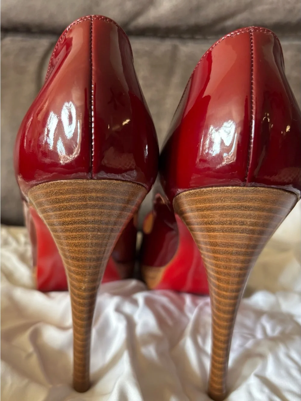 Christian Louboutin Burgundy Patent Peep-Toe Pumps